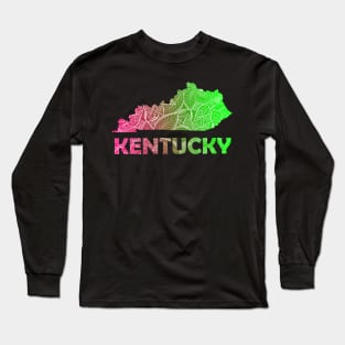 Colorful mandala art map of Kentucky with text in pink and green Long Sleeve T-Shirt